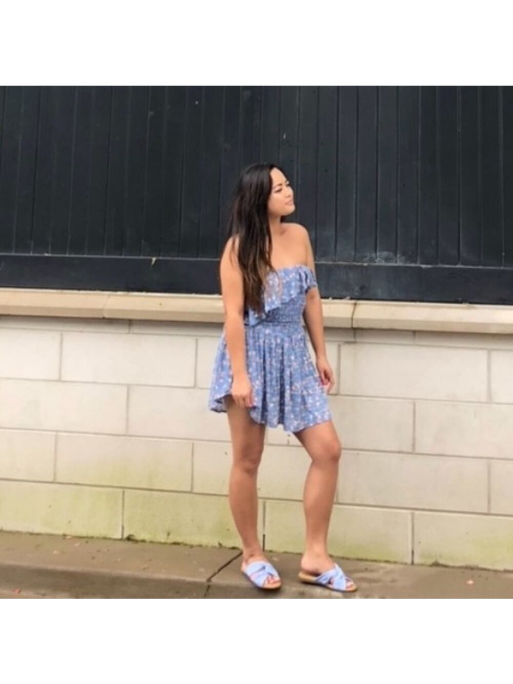 Blue Life Blue Pink Floral Ruffle One Shoulder Short Lined Mini Dress XS
